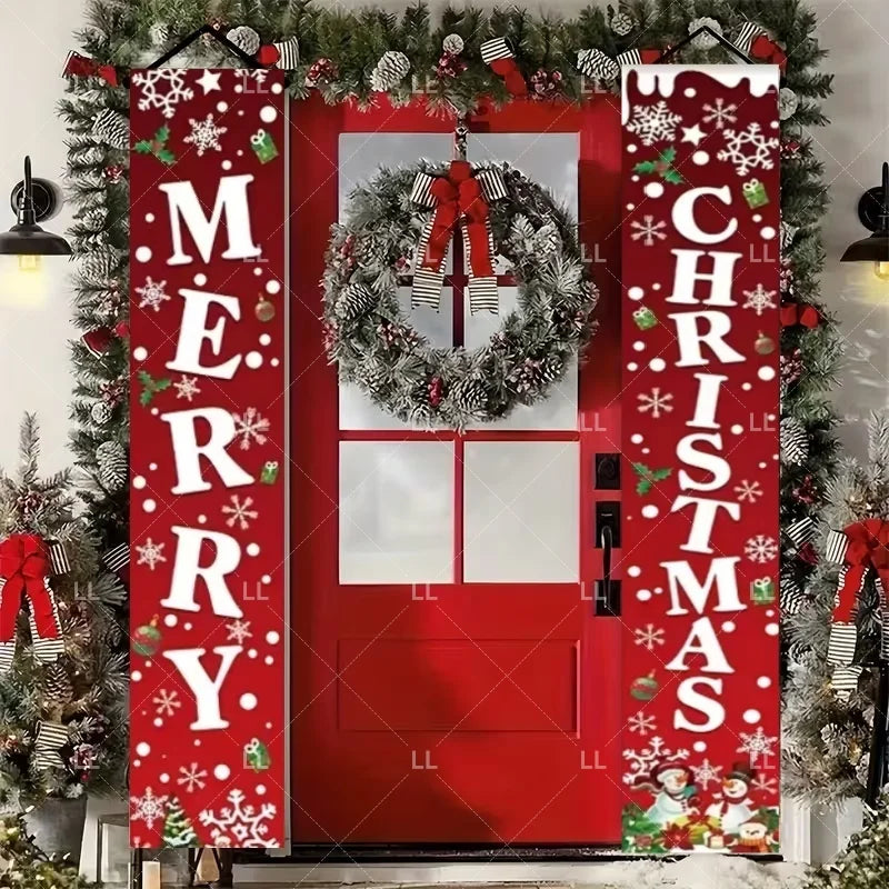 A festive red door banner decorated with Christmas wreaths and holiday greetings surrounded by evergreen garlands.