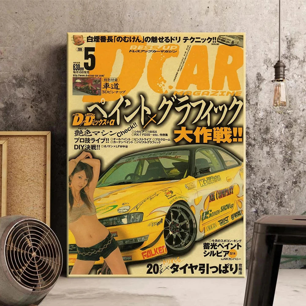 Impression murale vintage JDM supercar, voiture de sport jaune et femme.