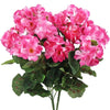 A bouquet of vibrant pink faux silk geranium flowers with green leaves for outdoor and indoor decor.
