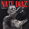 A black and white photo of Nate Diaz, a UFC fighter, with a bloody face, posing aggressively.