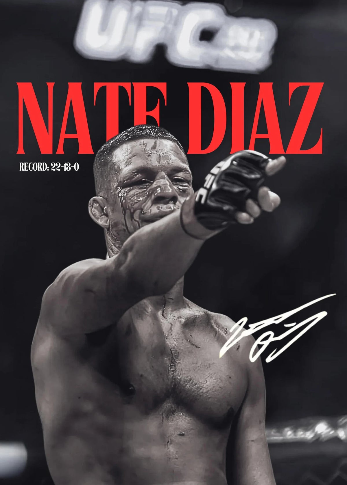 A black and white photo of Nate Diaz, a UFC fighter, with a bloody face, posing aggressively.
