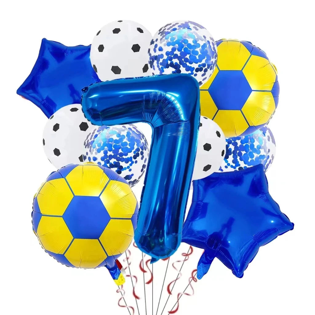 A collection of blue and yellow football-shaped helium foil balloons, including a large number seven balloon.
