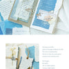 A set of vintage old English manuscript decor paper featuring handwritten text and delicate illustrations on light blue and c