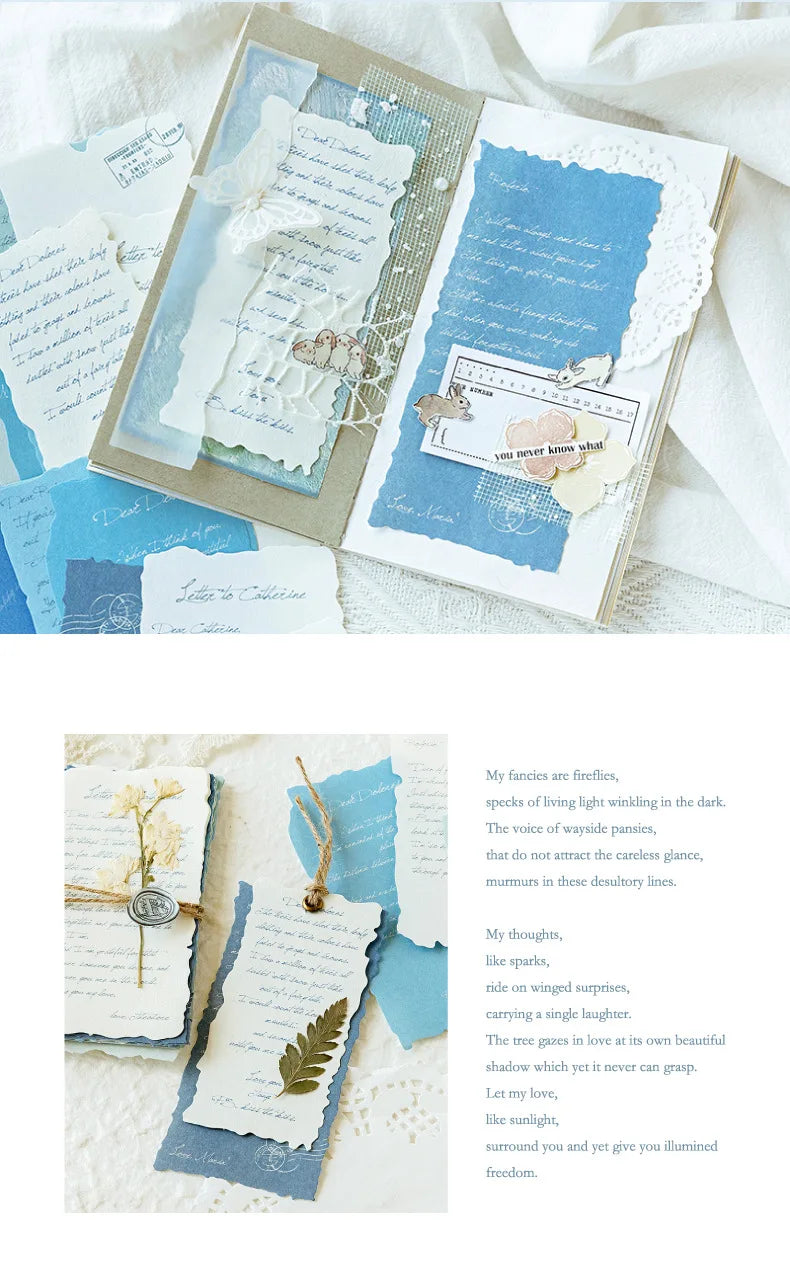 A set of vintage old English manuscript decor paper featuring handwritten text and delicate illustrations on light blue and c