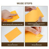 Instructions showing how to wet, fold, and apply adhesive glue to a yellow cash envelope.