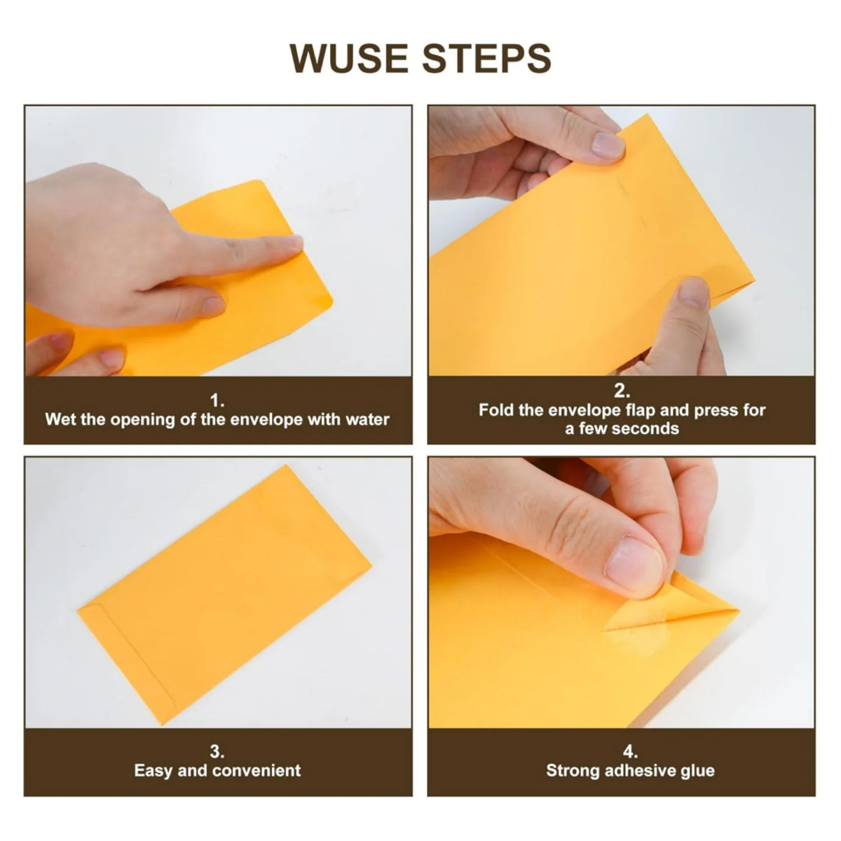 Instructions showing how to wet, fold, and apply adhesive glue to a yellow cash envelope.