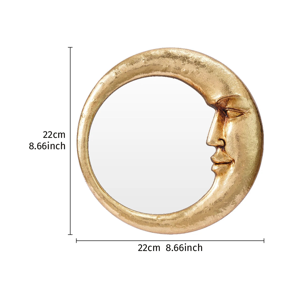 A golden crescent shaped decorative wall mirror with a facial profile design.