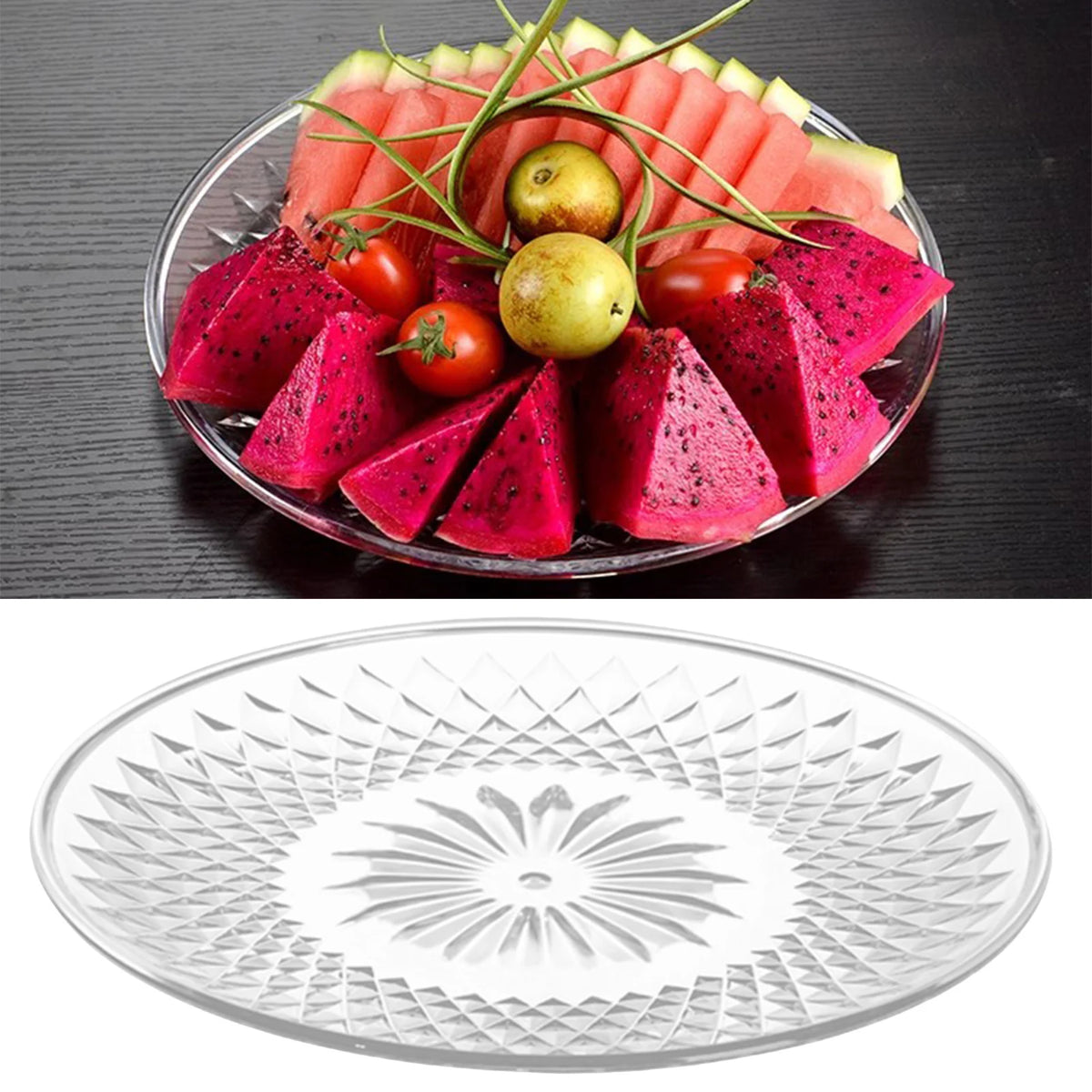 A glass plate filled with sliced watermelon and tomatoes, served on a clear acrylic serving plate.
