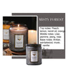 A dark gray soy candle jar labeled Misty Forest with a label detailing top, middle, and base notes.