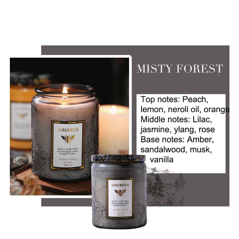 A dark gray soy candle jar labeled Misty Forest with a label detailing top, middle, and base notes.
