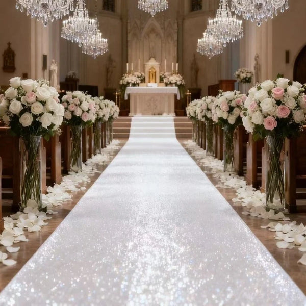 An elegant white sparkling aisle runner leading down a church aisle decorated with white flowers and chandeliers.