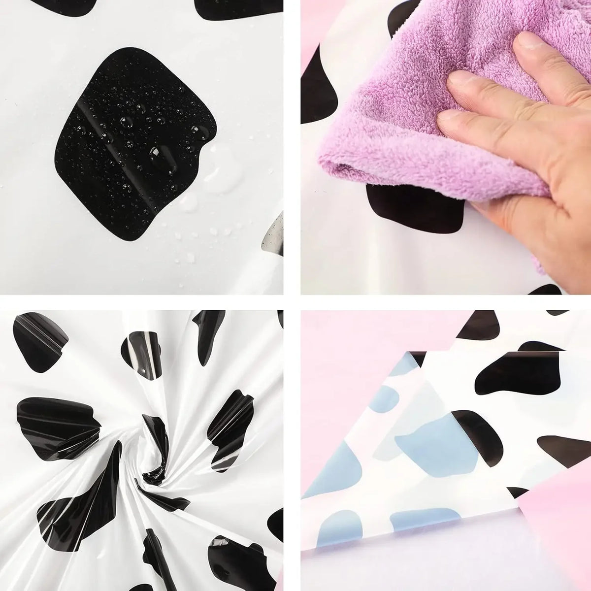 Close-up shots of a pink cow print fabric featuring black and light blue abstract shapes.
