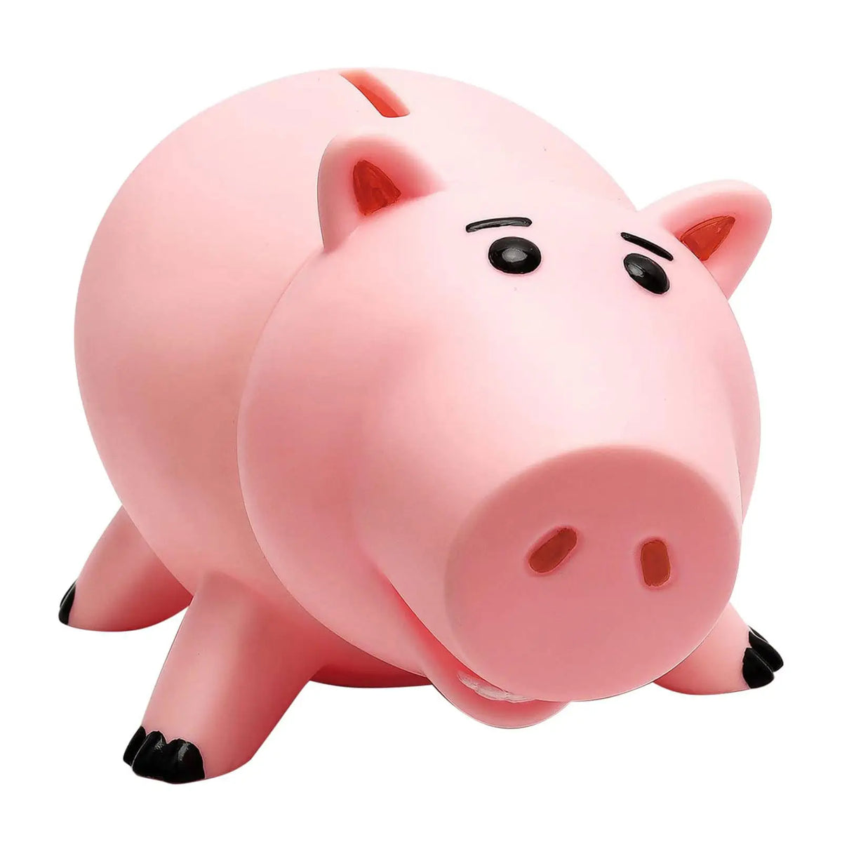 Adorable pink piggy bank with cartoon features, designed for coin saving.