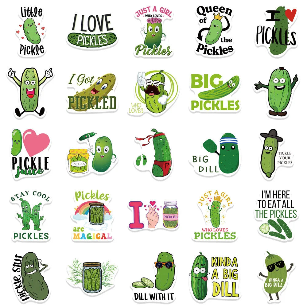 A collection of cartoon pickle stickers featuring various pickle-themed phrases and illustrations.