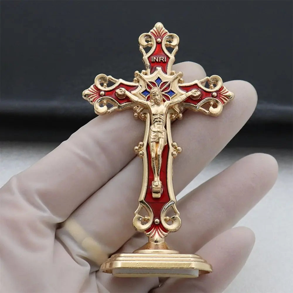 Golden Crucifix Figurine with Enamel Accents