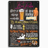 A dark wooden sign featuring humorous bar rules written in pink and white text.