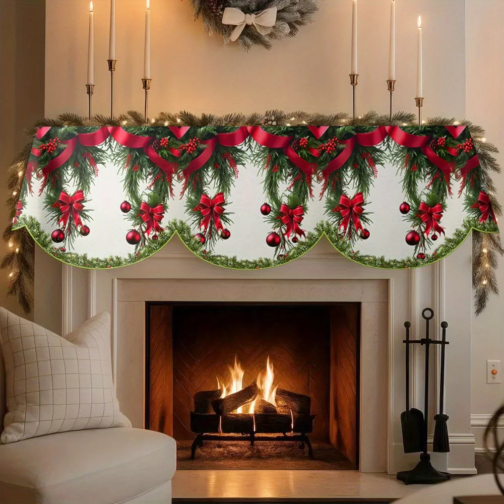 Festive Christmas fireplace scarf featuring a print of pine branches and red berries.