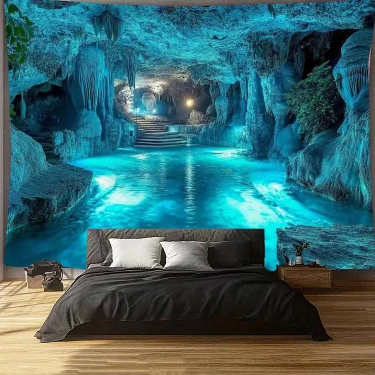 A photorealistic backdrop of a glowing blue cave interior with water and rock formations.