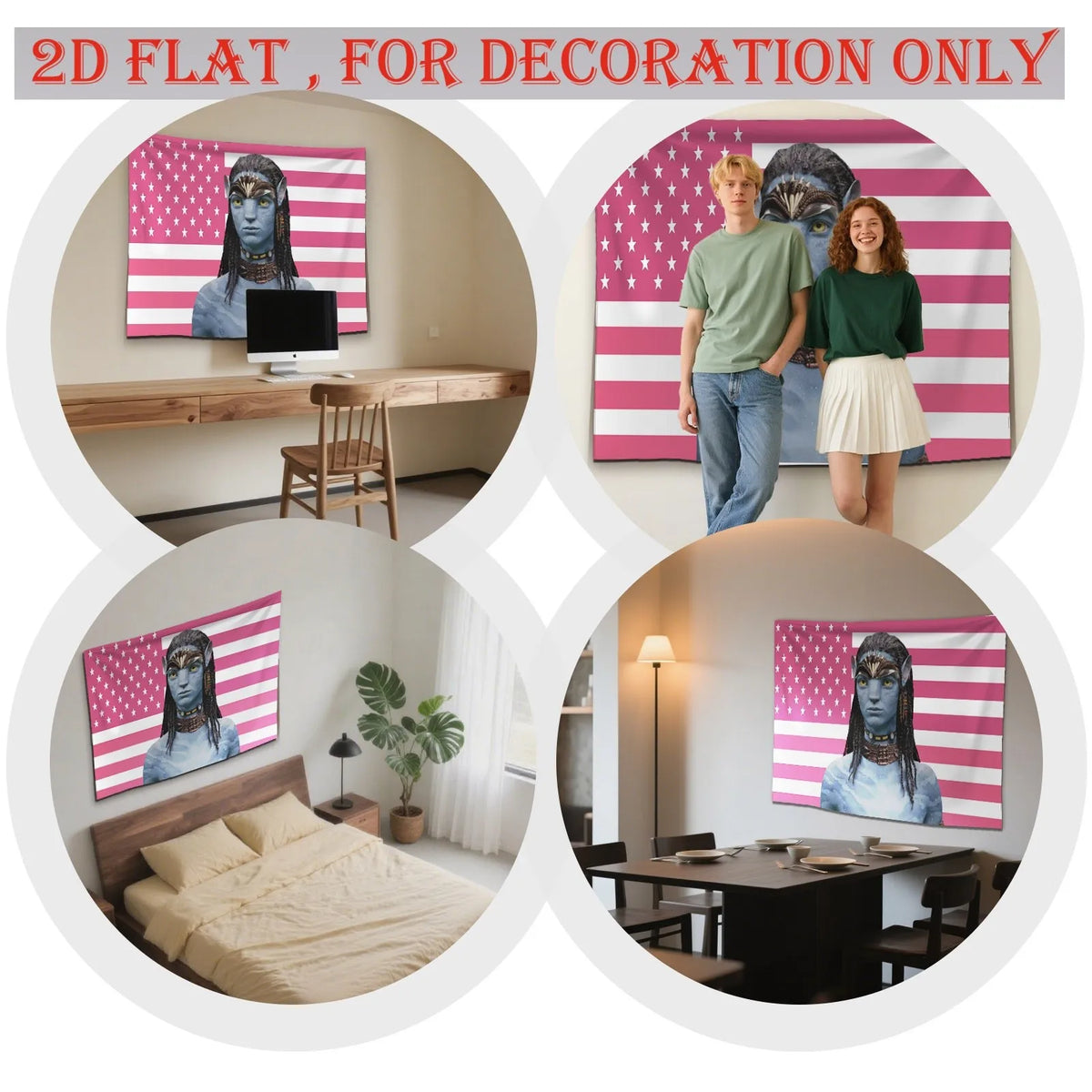 A set of four circular images showing an avatar-inspired Neytiri pink flag tapestry wall hanging in various room settings.