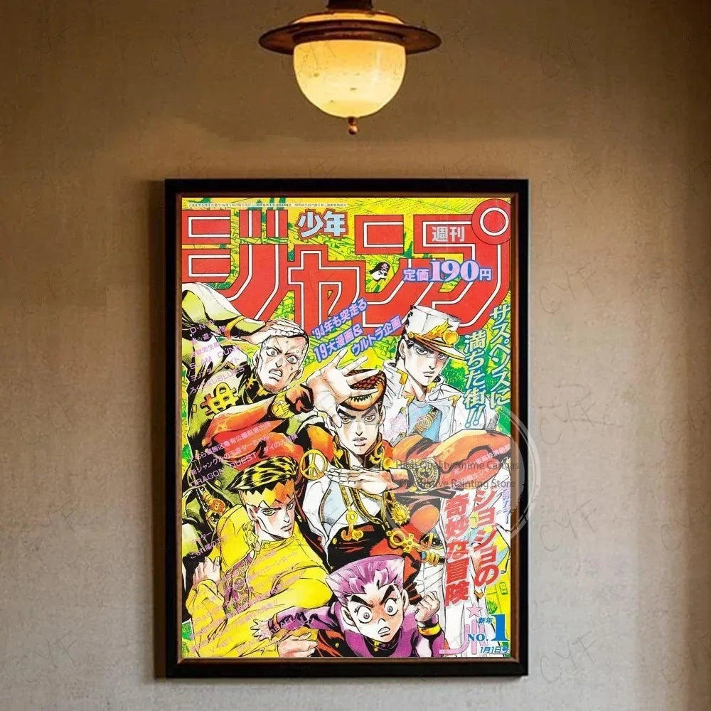 A vibrant anime poster featuring characters from JoJo's Bizarre Adventure in a vertical format.