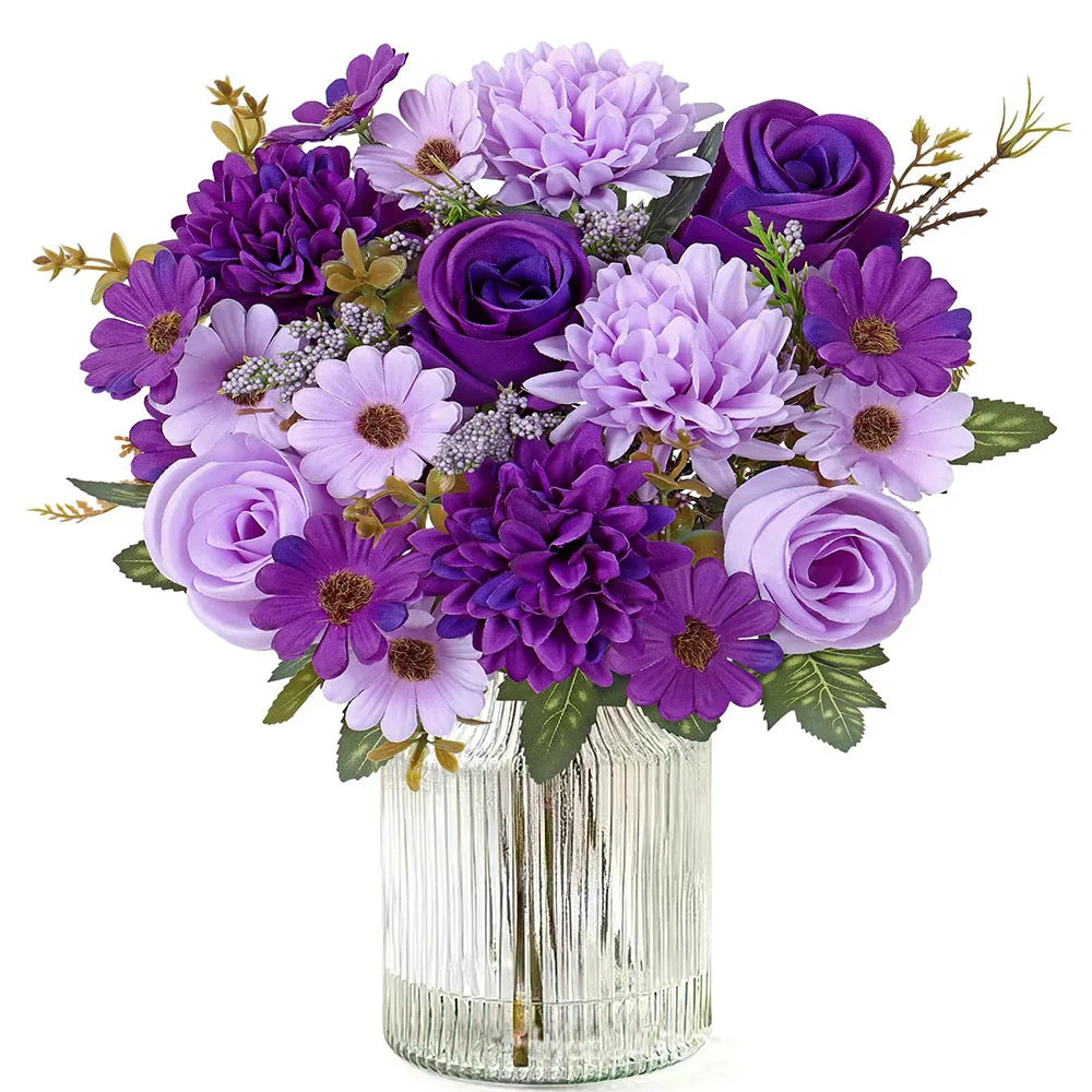A vibrant bouquet of artificial mixed flowers featuring purple, lavender, and deep violet roses, daisies, and chrysanthemums 