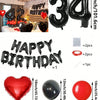 A set of red and black foil number balloons, heart shaped balloons, and round balloons for birthday decorations.