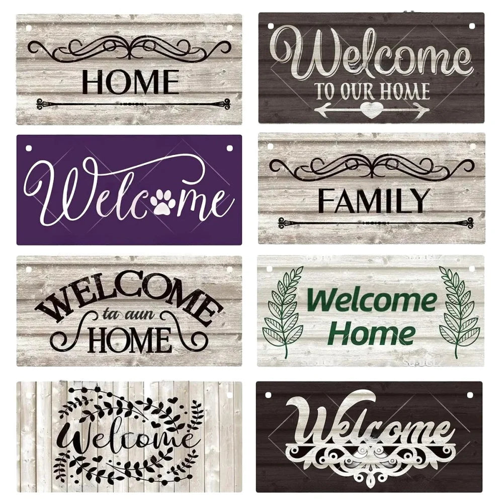 A collection of rustic wooden hanging signs with various text like Welcome Home Family and Welcome to Our Home