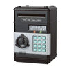 A black automatic mini cash saving piggy bank with a digital display and a rotary dial.