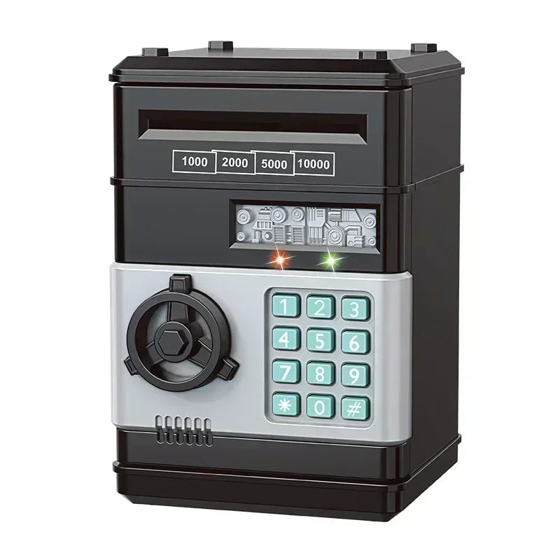 A black automatic mini cash saving piggy bank with a digital display and a rotary dial.