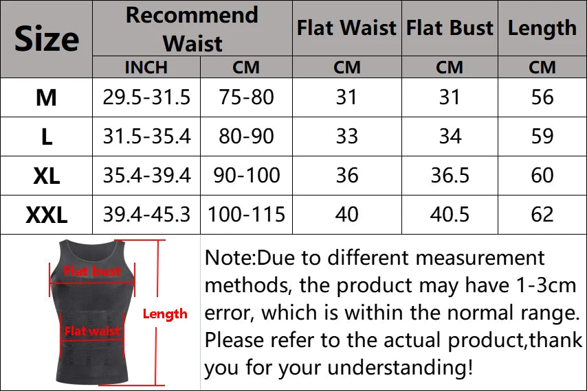 A size chart for a men's seamless compression tank top showing measurements in inches and centimeters for waist, bust, and le