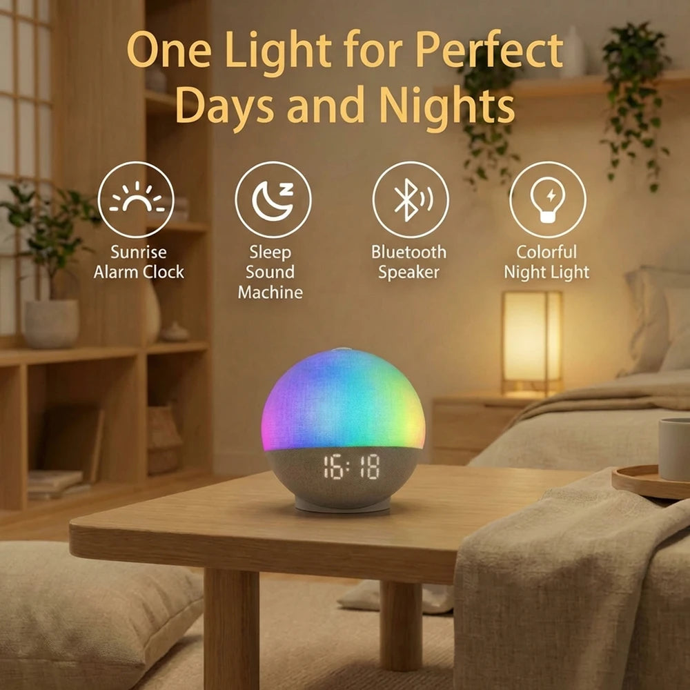 A smart device combining a sunrise alarm clock, sound machine, Bluetooth speaker, and colorful night light resting on a woode
