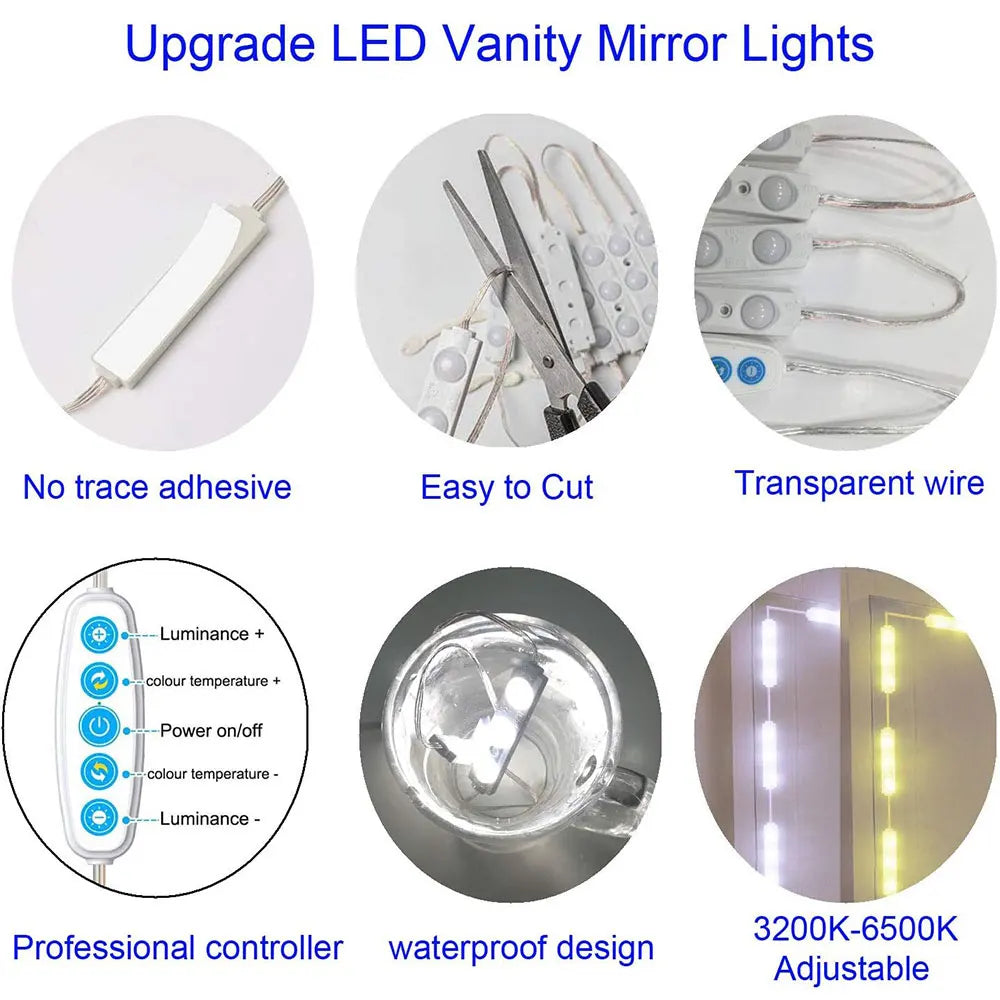 LED vanity mirror lights featuring no trace adhesive, easy to cut transparent wire, professional controller, waterproof desig