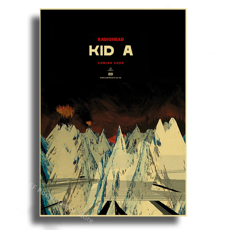 Album art poster for Radiohead's Kid A featuring jagged icy mountain peaks and a dark, atmospheric landscape.