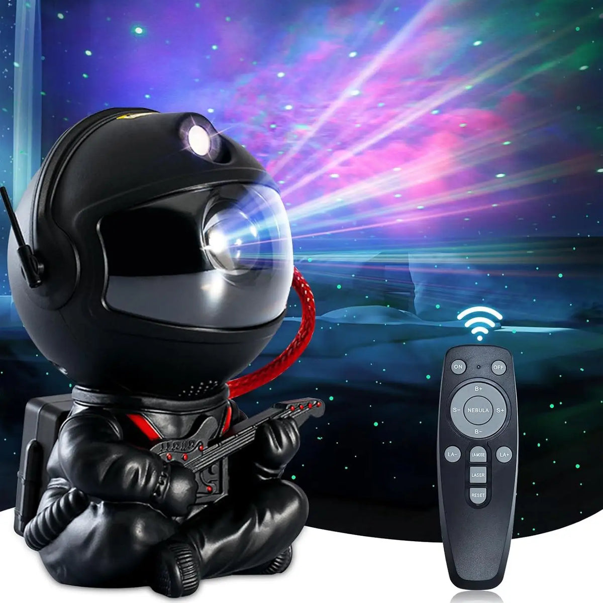 A black astronaut figure is shown holding a guitar, with a remote control nearby against a colorful, starry background.