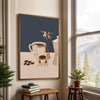 Abstract coffee wall art canvas print featuring a white coffee pot and wooden ladder on a light background