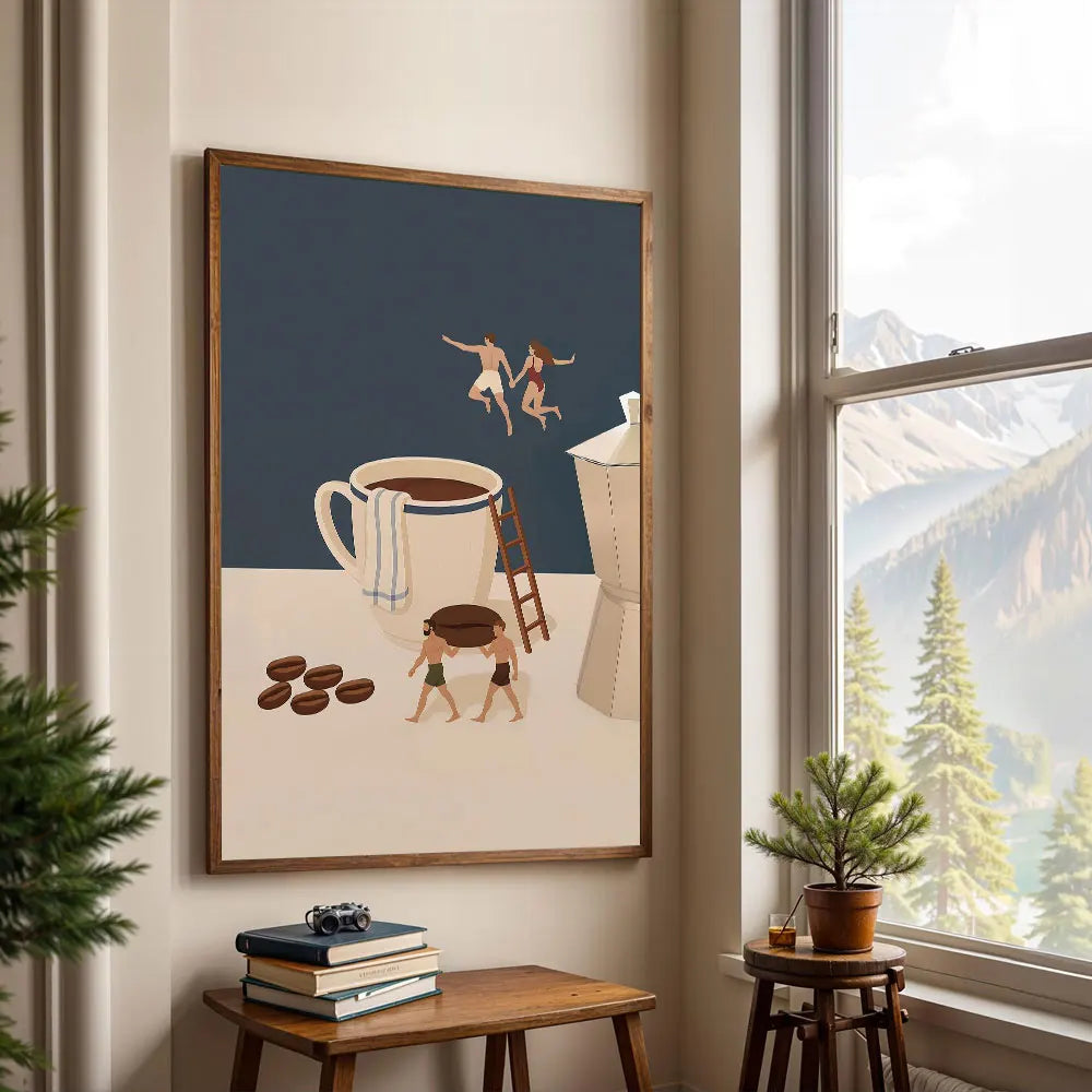 Abstract coffee wall art canvas print featuring a white coffee pot and wooden ladder on a light background