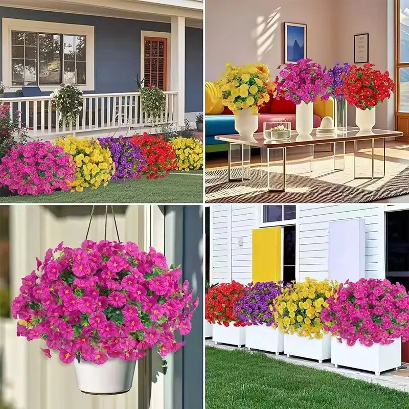 A vibrant artificial floral bouquet featuring pink and purple flowers displayed in a white planter.