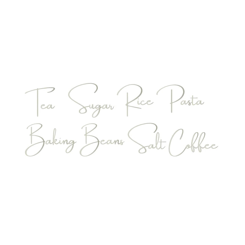Elegant script text listing various food items like Tea Sugar Rice Pasta Baking Beans Salt Coffee