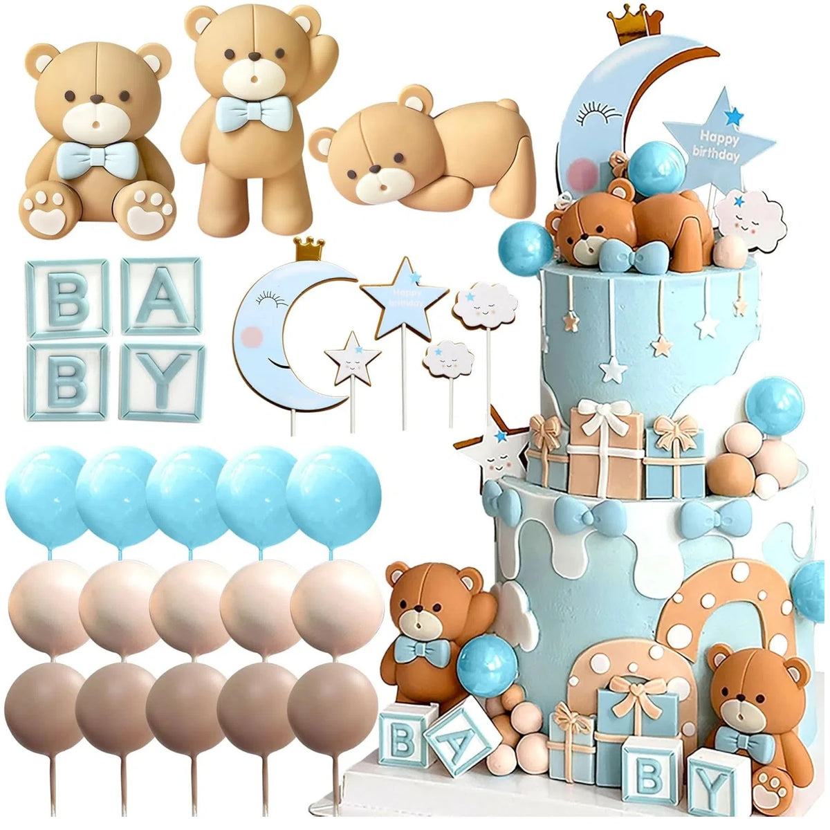 A tiered baby shower cake decorated with teddy bears, stars, clouds, and blue accents.