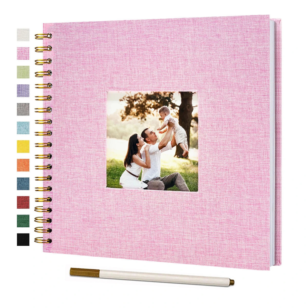Pink linen cover scrapbook album with a photo of a couple embracing outdoors