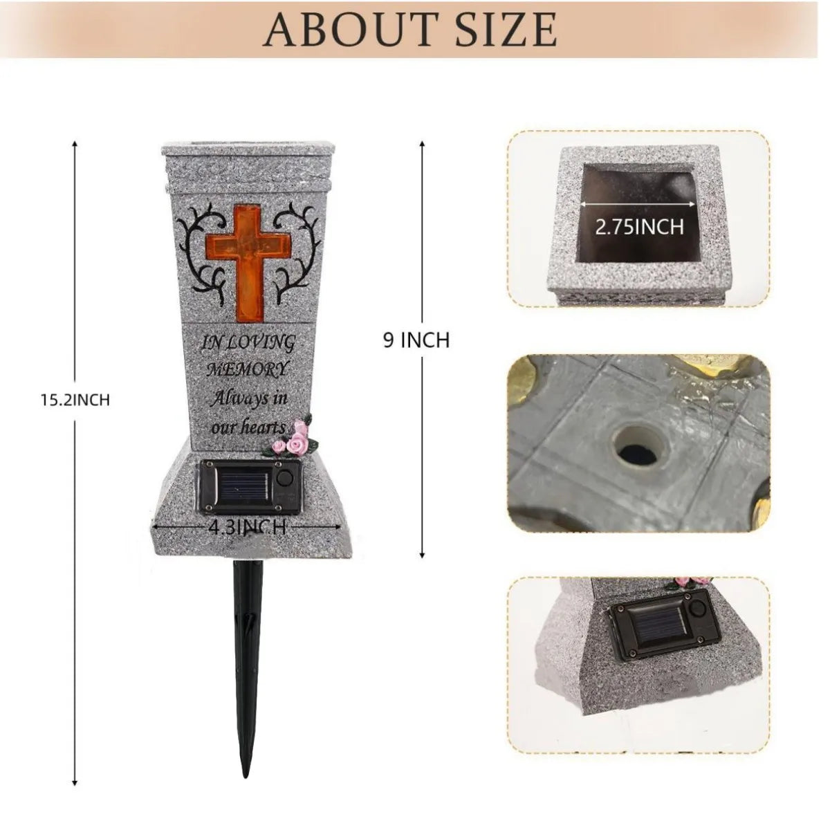 A gray solar grave memorial vase with an engraved cross and an LED light, shown in various sizes.