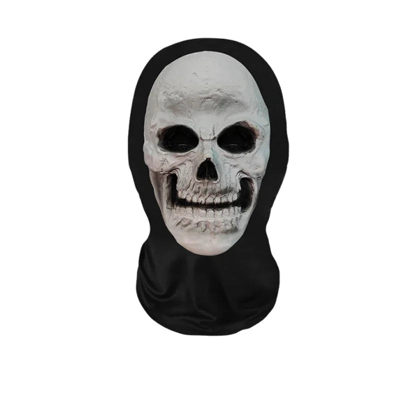 A black mesh balaclava mask featuring a realistic human skull design.