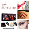 A special effects makeup kit showing various tools including fake wound wax, blood, and makeup products.