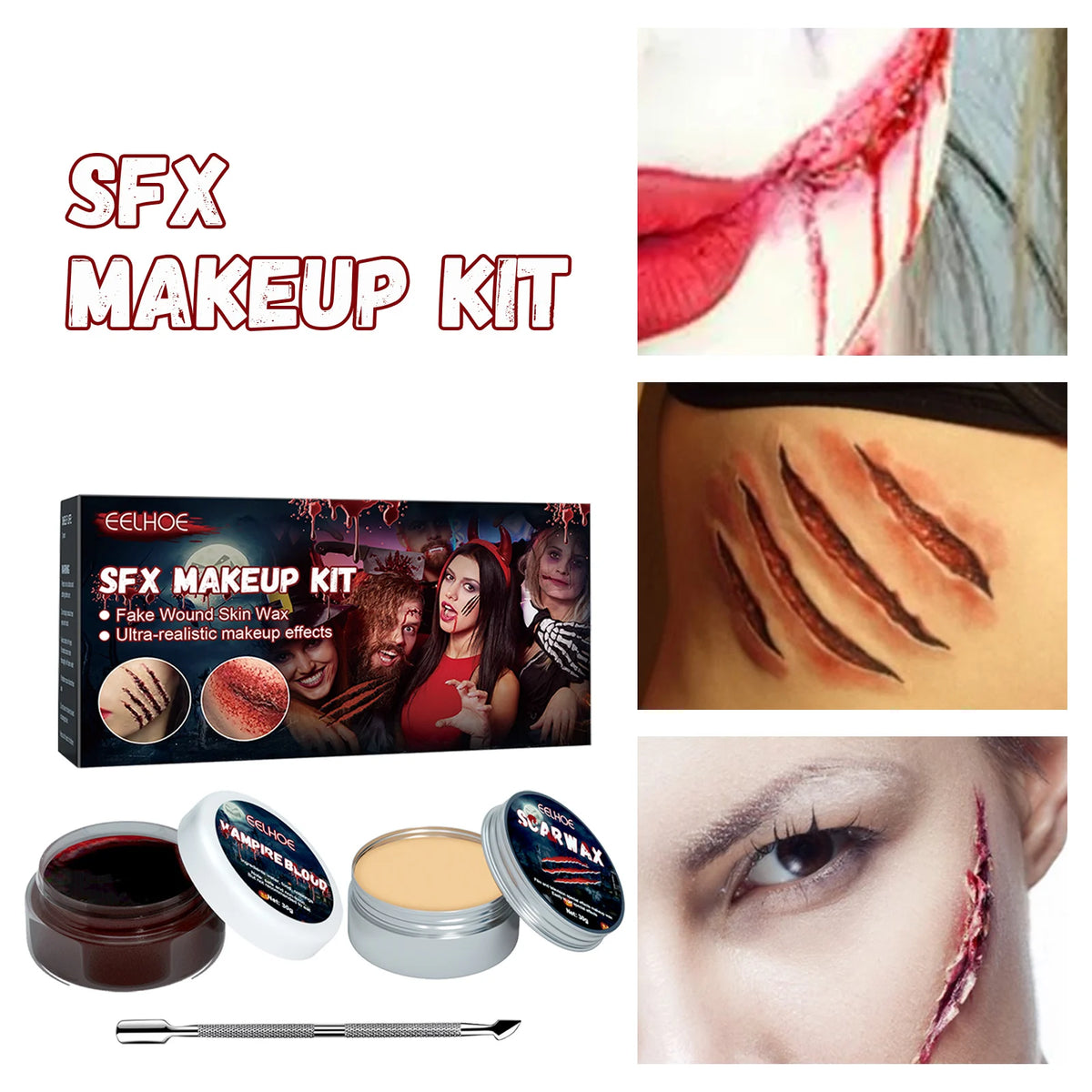 A special effects makeup kit showing various tools including fake wound wax, blood, and makeup products.