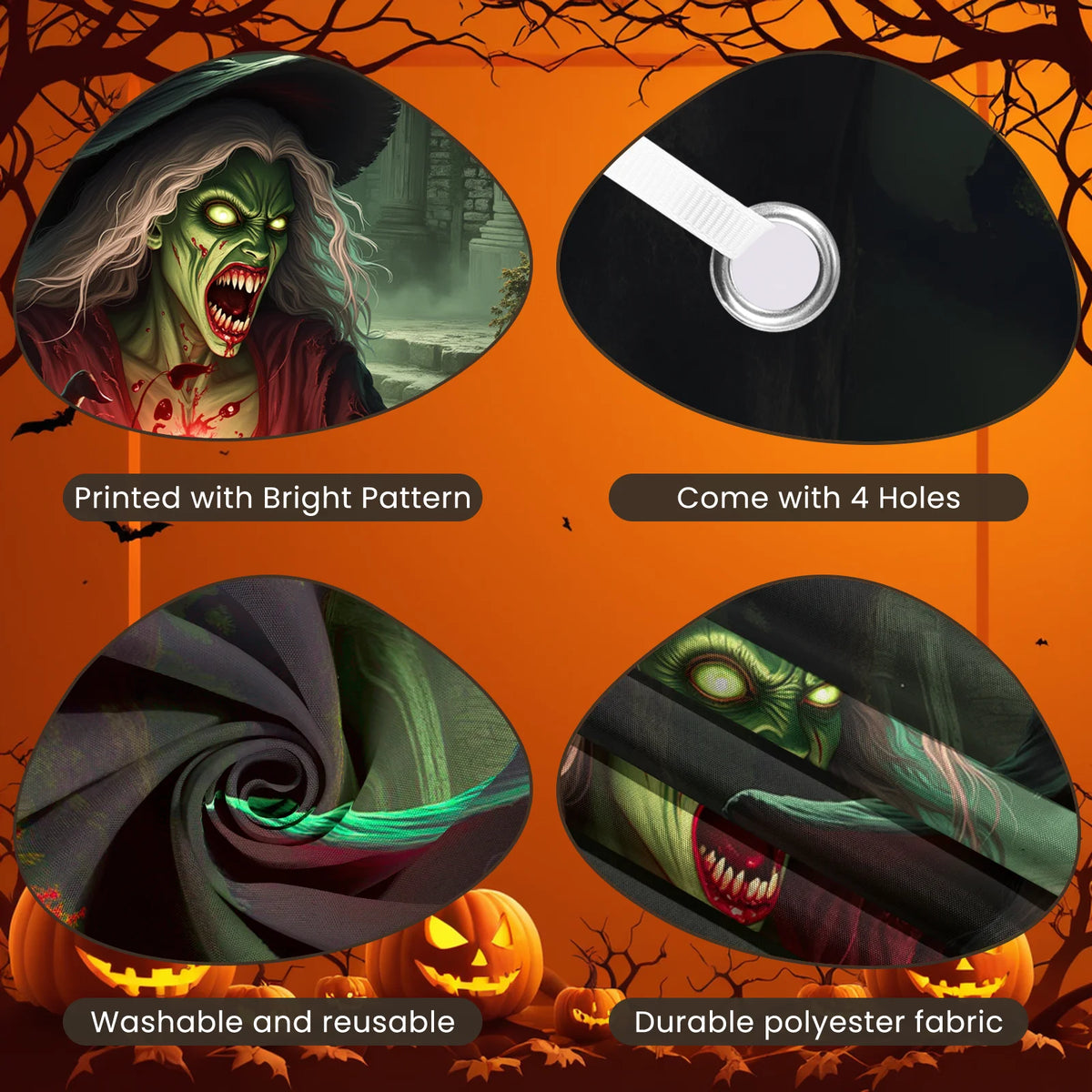 Spooky Halloween door cover featuring a green monster with sharp teeth and a graveyard scene