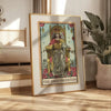 A framed poster depicting a woman in regal attire as the High Priestess tarot card.