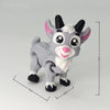 A gray 3D printed goat figurine with pink accents and movable joints shown from the front.