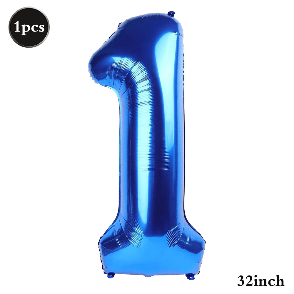 A shiny blue foil balloon shaped like the number one, measuring 32 inches.