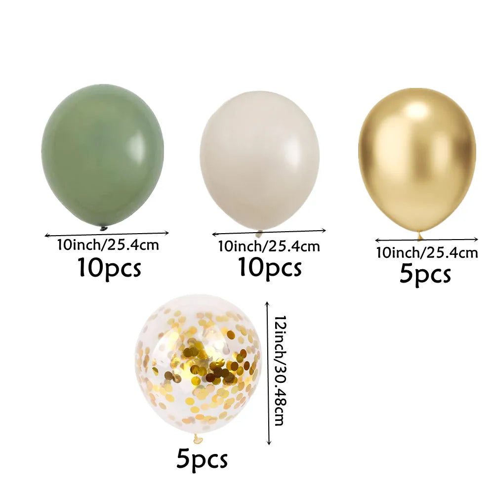 A set of balloons including solid green, white, and gold balloons, along with a bag of gold confetti balloons.