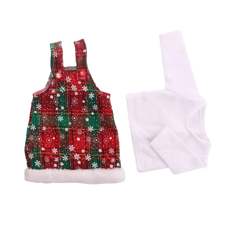 Christmas doll outfit set featuring a red and green plaid apron and a white top